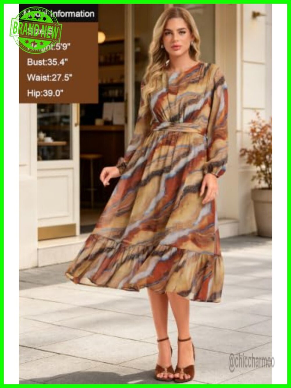 Women's Puff Sleeve Ruched Waist Flowy Midi Dress Wedding Guest - Picture 4 of 5